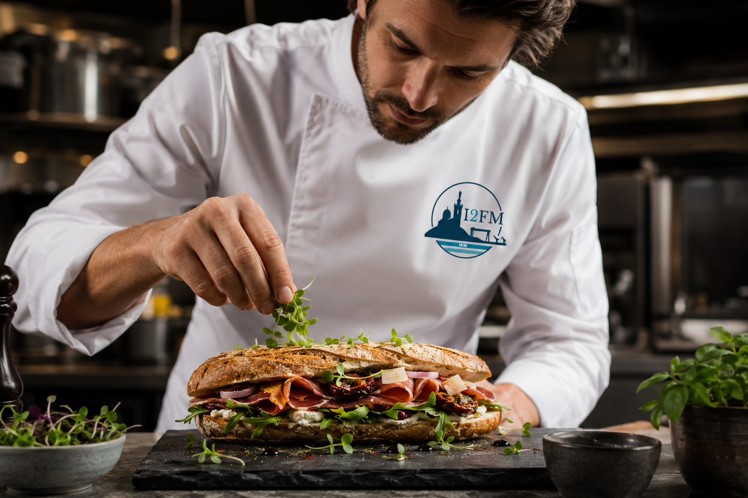 Chef préparant un sandwich gastronomique avec le logo I2FM sur sa veste de cuisine